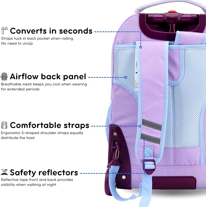 J World Sundance Laptop Rolling Backpack for Girls Boys. Roller Bookbag with Wheels, 20 Inch, Purple
