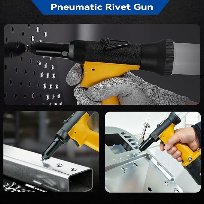 Self-Suction Pneumatic Rivet Gun Kit, Industrial Air Hydraulic Pop Riveter with 5 Nozzles (3/32"–1/4"), 4000LBF Heavy Duty Riveting Tool for Automotive, Construction & Manufacturing