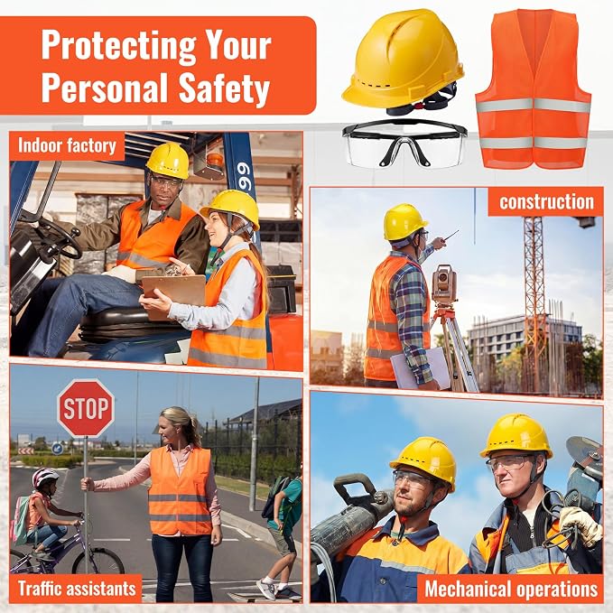 Mumufy 18 Pcs Suspension Hard Hats Safety Helmets Vented Cap Style Helmet with High Visibility Vest Mesh Reflective Anti Fog Safety Goggles Adjustable Temples for Construction Work(Yellow, Orange)