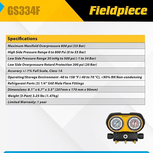 Fieldpiece GS334F 3-Port Analog Gauge Set – HVACR Refrigerant Manifold with Sight Glass, Swappable Hose Holders & High-Grip Knobs – Reliable Field Diagnostics