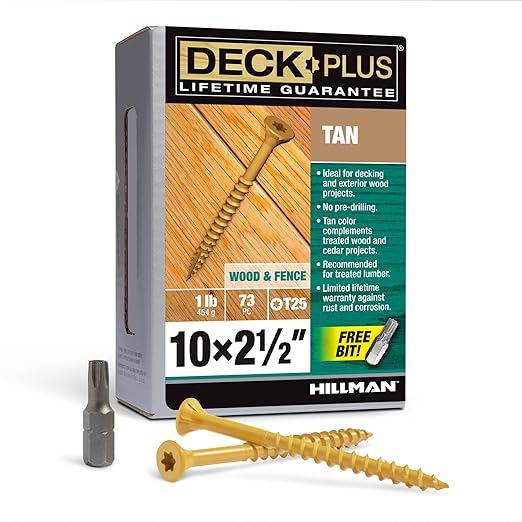 Deck Plus 48415 Exterior Wood Screws, #10 x 2-1/2", 4-Layer Epoxy Coated, Torx/Star Drive Included, Coarse Thread, Decking Screws, Outdoor Rust Resistant, Tan, 73pcs