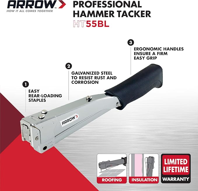 Arrow HT55BL Hammer Tacker, Manual Stapler for Construction and Insulation, Ergonomic Grip Handle, Dual-Capacity Rear-Load Magazine, Fits 1/4”, 5/16", or 3/8" Staples, Silver (Pack of 4)