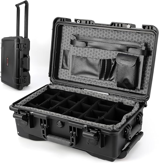 GarveeTech Protective Case,Heavy Duty Protective Dry Box Case with Padded Dividers and Wheels,Waterproof Travel Camera Case Dustproof and Impact Resistant,22” x 14” x 9”,for Travel, Hunt