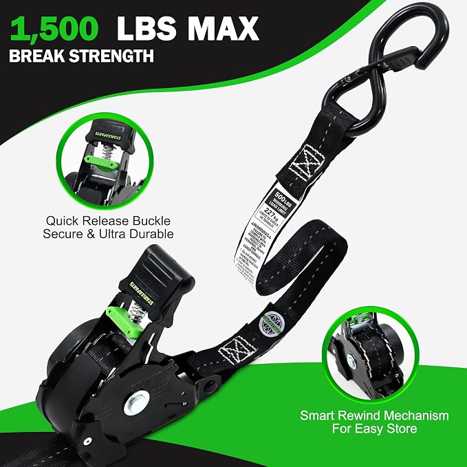 STARLEAPARTS Retractable Ratchet Straps(4PK) - 1,500lb Break Strength, Ratchet Straps Heavy Duty with Rubber Coated Handle, Perfect Auto Ratchet Straps for Motorcycle, Kayak and Trucks (Black)