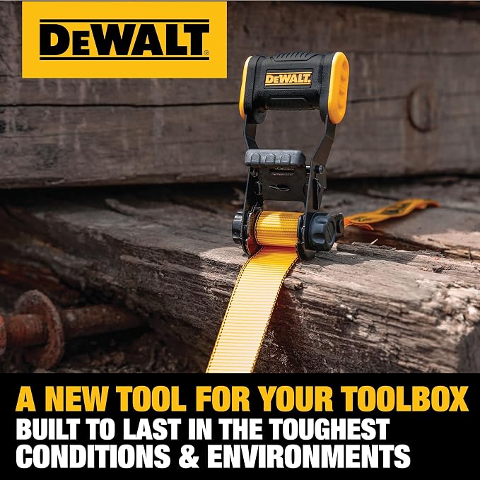 DEWALT DXBC18001-12PK Black/Yellow 1.25" x 12' Ratchet Tie Down Straps - Light-Weight Cargo Hauling (1800 lb Break Strength), 12 Pack