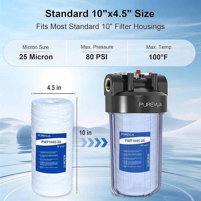 25 Micron 10"x4.5" String Wound Sediment Filter, Whole House Water Filter Cartridge for Well Water, Compatible with WP5BB97P, RS22, SWC-45-1005, Fits Standard 10" Big Housings, 4 Pack