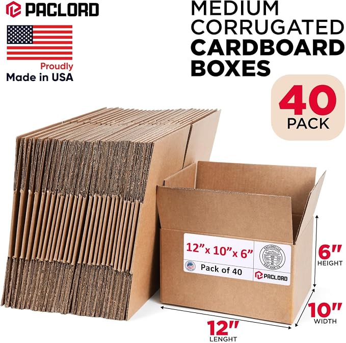 Medium Cardboard Boxes 12"L x 10"W x 6"H (Pack of 40) - USA-Made Packing Boxes for Moving, Shipping, or Storage - USPS, UPS, FedEx Approved - Professional Packing Supplies for Moving | USA-Made Packing Boxes for Moving, Shipping, or Storage - USPS, UPS...