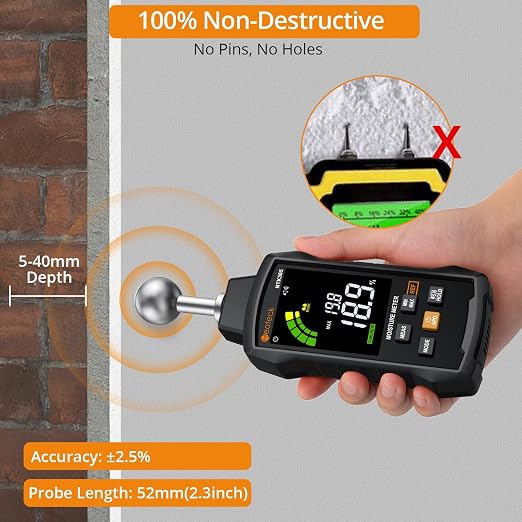 Neoteck Moisture Meter with REF Comparison, ±2.5% Accuracy Pinless Non-Destructive Moisture Detector with 5-40mm Measuring Depth,3-Color Warning Display,5 Modes for Wood Concrete Cement Plaster