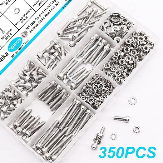 350PCS M4 Screw Kit, M4 x 6/8/12/16/20/25/30mm Hex Socket Head Cap Screws Bolts Nuts Washers Assortment Kit, 304 Stainless Steel Metric Bolts with Hex Wrench