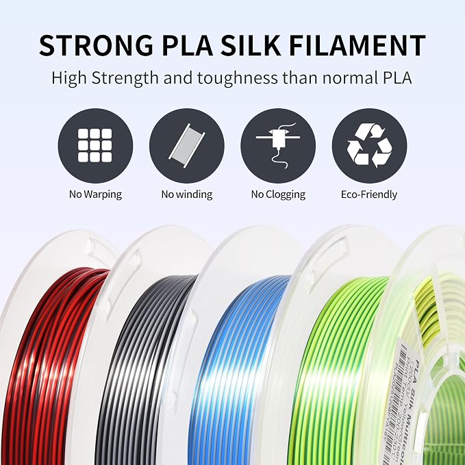 RAMBERY Silk Dual Color 3D Printer Filament Bundle 1.75mm +/- 0.02mm, Bicolor PLA 3D Printing Filament 200gX4 Spools (1.76 lbs), Black-Silver, Red-Black, Blue-Silver, Yellow-Green