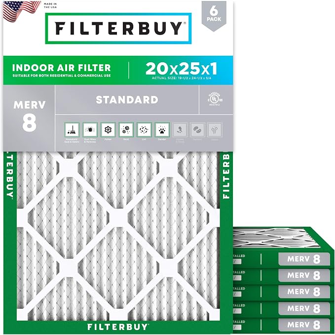 Filterbuy 20x25x1 Air Filter MERV 8 Essential Dust & Allergy Defense (6-Pack), Electrostatic Pleated HVAC AC Furnace Filters Replacement, Made in USA (Actual Size: 19.50 x 24.50 x 0.75)
