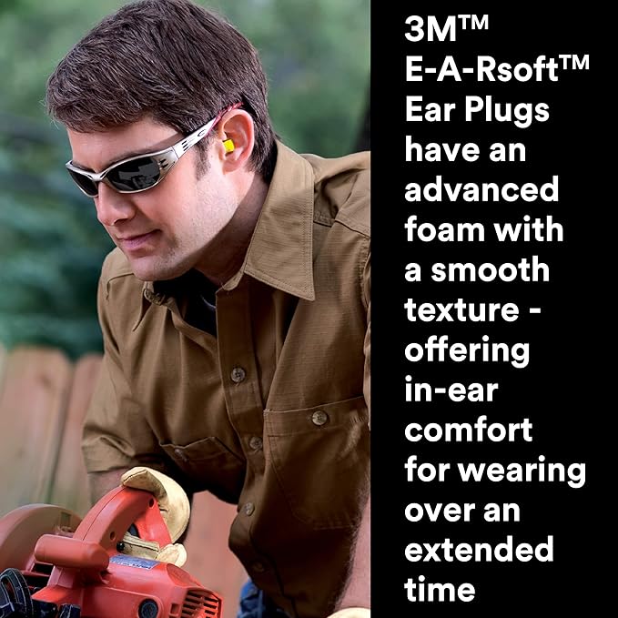 3M Ear Plugs, E-A-Rsoft Yellow Neons 390-1250, 500 Pair of Disposable Earplugs, Dispensing Box, Regular Size, Uncorded, 33 NRR, Tapered Cylinder Shape, Slow Recovery Foam