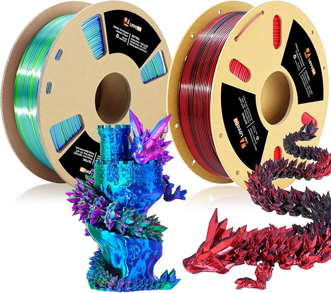 LOVOON Silk PLA Filament 1.75mm, 2KG Bundle 3D Printer Filament, 3D Printing Filament Shiny Change by Angle, Tri Color Blue/Green/Red and Dual Color Black/Red, 1KG X 2 Spools