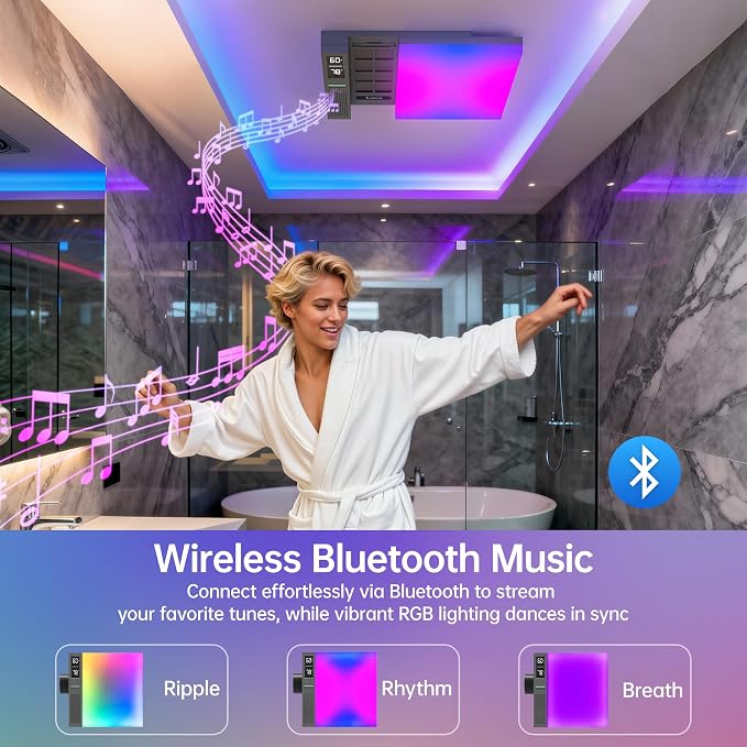 VallisCo Bathroom Exhaust Fan with Light, Bluetooth Speaker, Odor & Humidity Sensors, 230 CFM Quiet Ceiling Fan with 3 Dynamic RGB Lighting, 3CCT - Remote App Control - Compatible with Alexa
