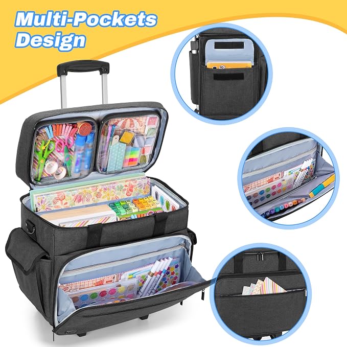 Teamoy Rolling Scrapbook Tote with Detachable Wheels, Rolling Craft Bag with Bottom Wooden Pad, Scrapbook Storage Bag for Women, Black