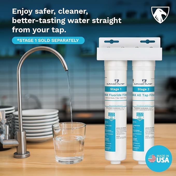 Survivor Filter Max, Stage 2 All Tap, Under Sink Water Filter Replacement | Chlorine & Metals Reduction, All Tap Water Types, Water Filter for Sink Faucet, Easy Installation, Made in USA