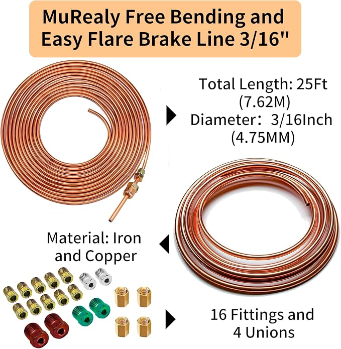 25 Ft 3/16" Copper Coated Brake Line Kit, Brake Line Double & Single Flaring Tool Kit (Includes 16 Fittings and 4 Unions Brake Line Fittings) +Tube Bender