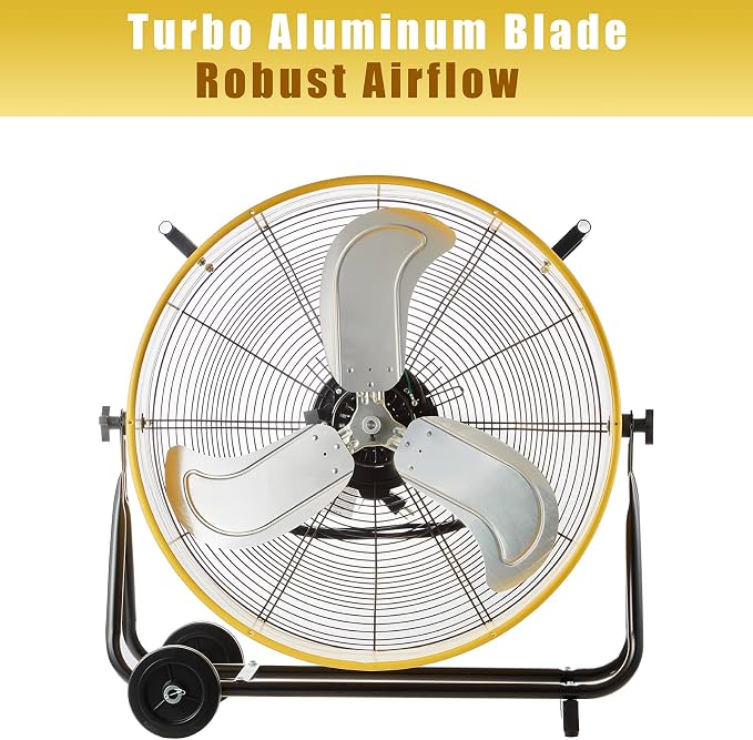 HiCFM 24" Industrial Drum Fan 8800 CFM High Velocity 3-Speed Heavy Duty Metal Air Circulator with Casters Handle for Basement Warehouse Factory workshops