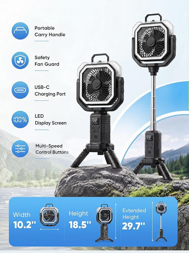 Portable Misting Fan, Rechargeable Camping Fan with 400ml Tank, 20000mAh Battery, Remote Control, LED Light, 4 Speeds, Oscillating Outdoor Fan for Tent, Patio, Beach, RV, Garage, Indoor Outdoor, Black