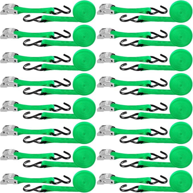 Riakrum 16 Pcs Cambuckle Tie Down Straps 1763lbs Break Strength Securing Straps 1'' x 15 ft Cambuckle Tie Downs with S Hook for Motorcycle, Kayak, Car, Truck, Boat Moving, Securing Cargo (Green)