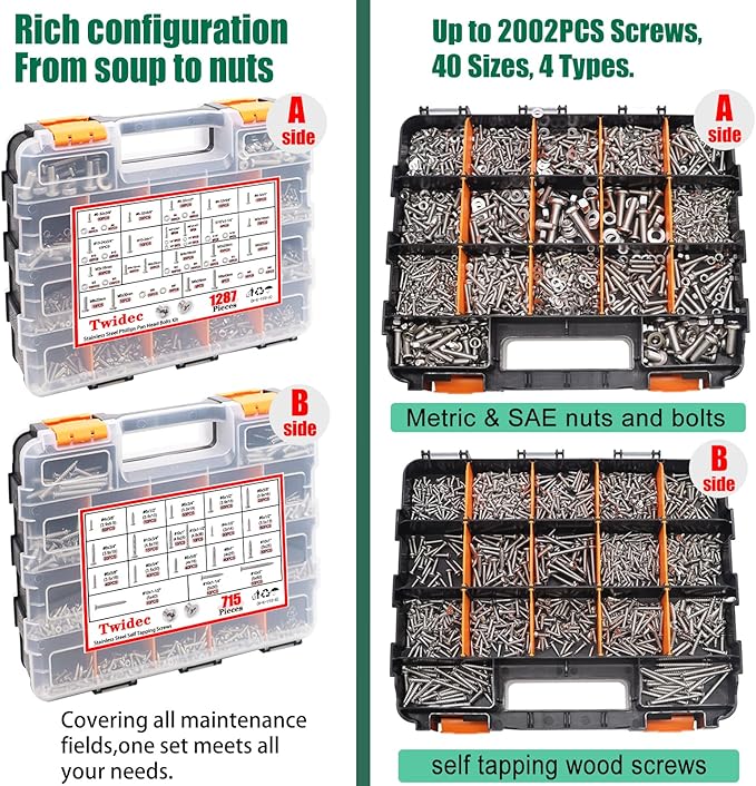 Twidec/2002PCS 304 Stainless Steel Hardware Assortment Kit,Metric & SAE Machine Screw Kit,Nuts And Bolts Assortment,Phillips Pan Head & Flat Head Screws And Washers with Double Sided Organizer Box