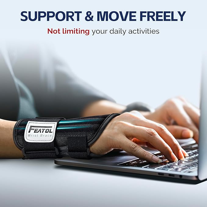 FEATOL 2 Pack Carpal Tunnel Wrist Brace For Work With Wrist Splint, 6.5'' Wrist Brace Night Support For Women Men, Pain Relief For Tendonitis, Arthritis, Pregnancy, Typing, Right and Left Hand, Medium