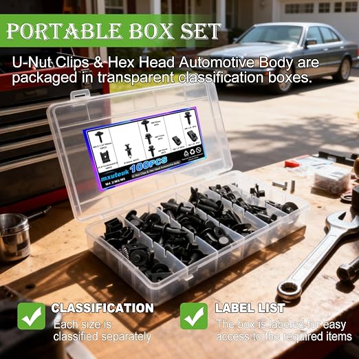 mxuteuk 100PCS U-Nut Clips & Hex Head Automotive Body Fender Bolts Kit,M4.2/M6/1/4/M8 Automotive Bolt for Most Cars Fender,Engine Undertray Cover, Engine Cover & Bumper Fender Liner