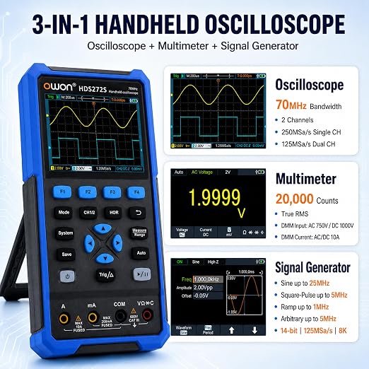 HDS272S Oscilloscope, Handheld Oscilloscope Multiumeter 70MHz Bandwidth 3 in 1 Portable Waveform Generator with 3.5" LCD for Automobile Maintenance, Electronic Measurement