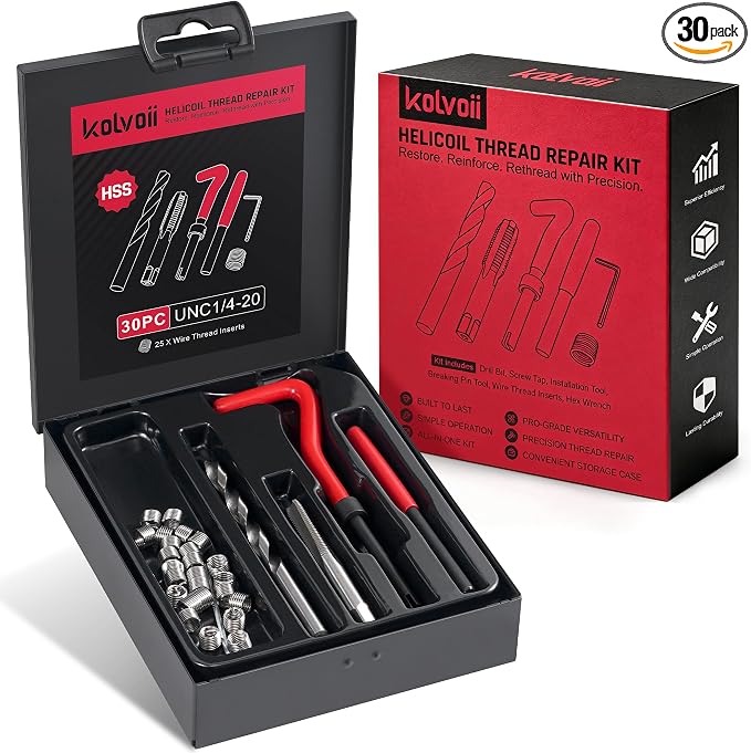 Kolvoii 1/4"-20 Helicoil Thread Repair Kit, SAE UNC 1/4 Inch Standard Helicoil kit with HSS Drill Bit, Tap & Stainless Steel Inserts for Automotive & Stripped Thread Repair