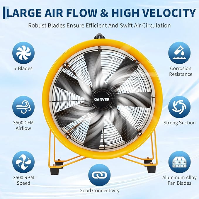 12 Inch Air Mover Blower Fan, 3500 CFM Heavy Duty Industrial Exhaust Fan with 16.4 ft Flexible Duct, Low-Noise Portable Blower Exhaust Fan for Construction, Workshops