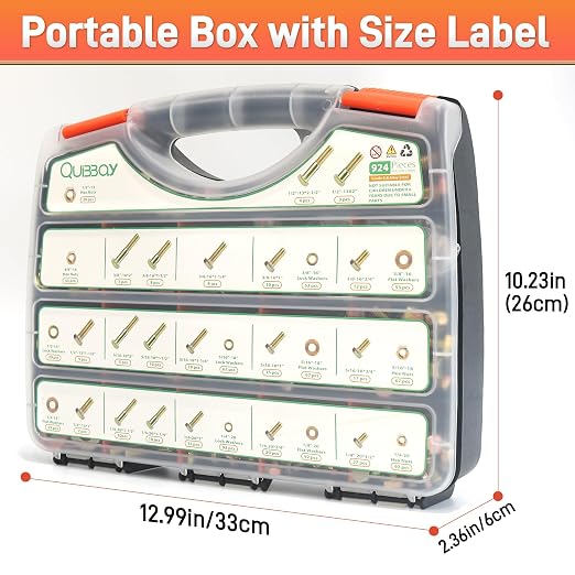 Quibbay 924Pcs Grade 8 Bolts and Nuts Assortment Kit, 1/4-20, 5/16-18, 3/8-16, 1/2-13 Heavy Duty Hex SAE Assorted Bolts Nuts and Washers Kit, Carbon Steel Machine Hardware Screw Sets with Case