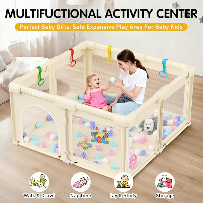 Baby Playpen Foldable Playpen for Babies and Toddlers, Large Playpens Portable Play Pen Play Yard for Kids Fence Indoor Outdoor Travel 4 Handlers 50 Balls Baby Gifts Essentials 50"X50" Beige
