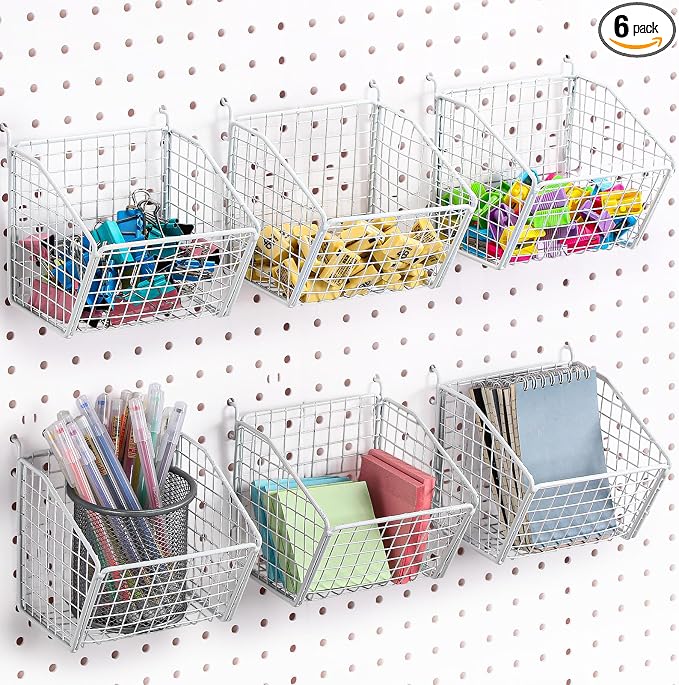 Reallnaive 6 Pack White Pegboard Baskets Metal Wire Shelf Baskets 5.1 x 5.1 x 3.5 in Peg Board Organizer Accessories Wall Mount Organizer Bins for Tool Storage Craft Room Garage Small Parts Workbench
