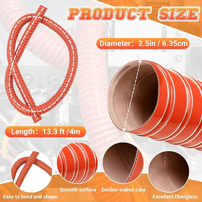 Pangda 2.5" x 13.3ft Air Duct Hose Cooling Air Ducting, Silicone Flexible Brake Induction Intake Pipe High Heat Brake Exhaust Hose for Dryer System(Red)