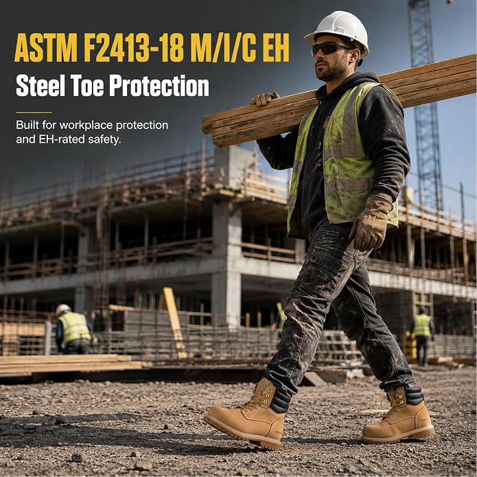 Men's 6" Leather Steel Toe Work Boots for Men, Oil/Slip Resistant Rubber Sole, Men's Safety Construction Boots. 84710