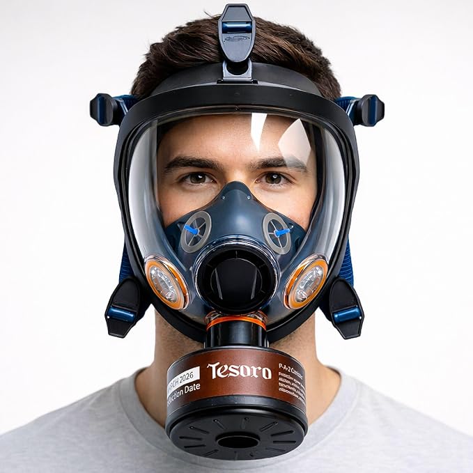 Full Face Respirator - Heavy-Duty Anti-Fog Air Filtration Mask Compatible with Industry Standard 40mm Gas Filter Canister for Vapor & Particulates - CE Tested