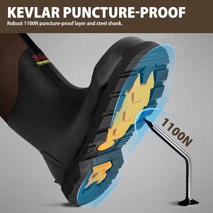 Rubber Work Boots with 800g Insulation, Puncture-Proof Steel Toe & Shank, Waterproof and Insulated 6mm Neoprene Hunting Boots for Farming, Construction, Fishing, and Manufacturing (Size 6-14)