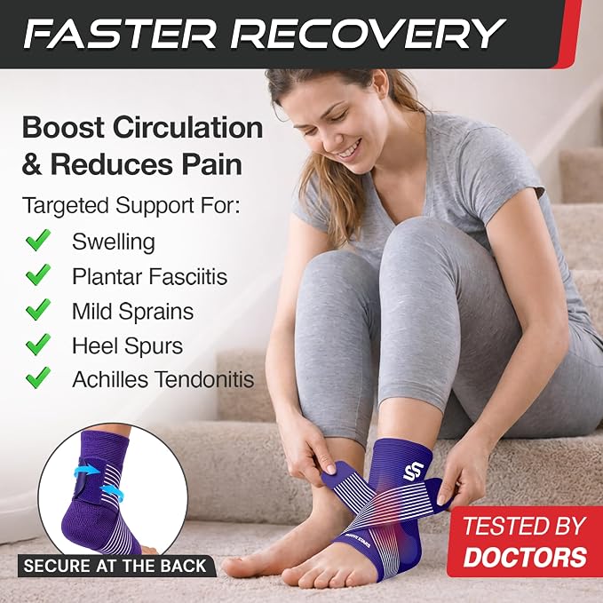 Sleeve Stars Ankle Brace for Women & Men, Ankle Wrap for Sprained Ankle, Compression Sleeve for Plantar Fasciitis Relief, Easy Customizable Support: w/Removable Strap (Pair/M:10"-12"/Dark Purple)