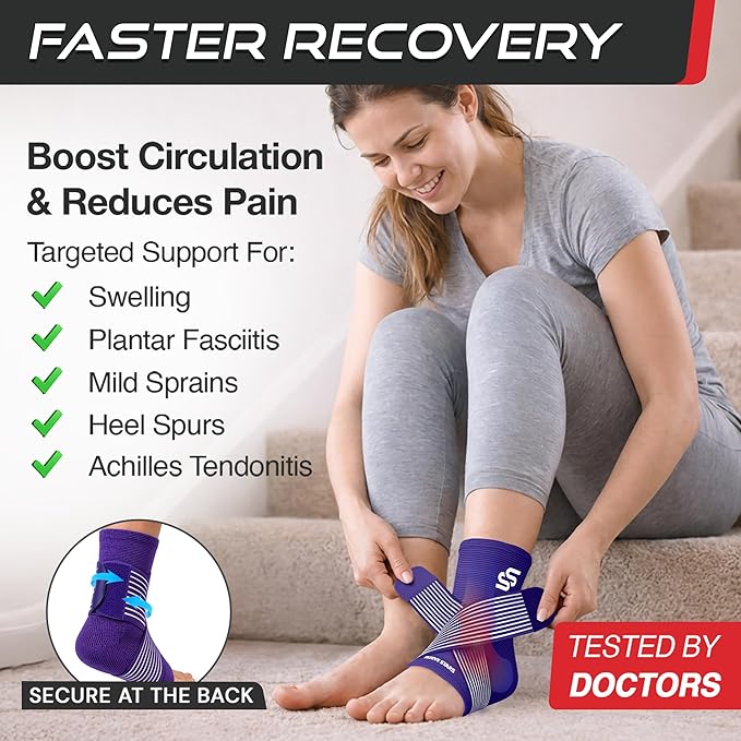 Sleeve Stars Ankle Brace for Women & Men, Ankle Wrap for Sprain, Compression Sleeve for Plantar Fasciitis Relief, Easy Customizable Support: w/ Removable Strap (Single/M:10"-12"/Dark Purple)