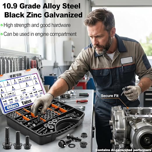 Taiss 400PCS Metric Flange Bolt Assortment Kit,M6x1.0, M8x1.25, M10x1.5 Bolts(12mm to 45mm),Hex Bolts and Nuts Washers Kit,Metric Bolt Assortment,10.9 Black Zinc Galvanized
