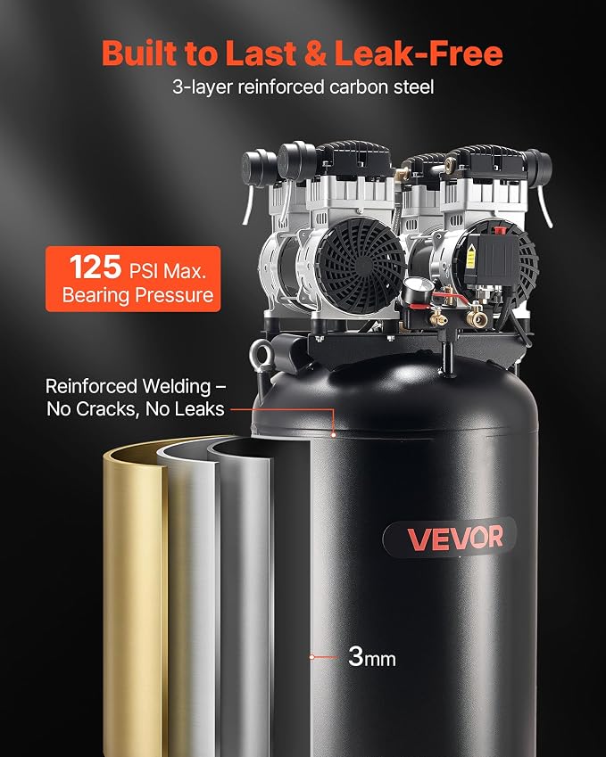 VEVOR 60 Gallons Heavy-Duty Air Compressor, 4HP 10SCFM at 90PSI Air Compressors with Max 125PSI Pressure, Oil-Free Compressor Tank for Industrial Manufacturing, Large Workshops (230V 60Hz, No-Plug)