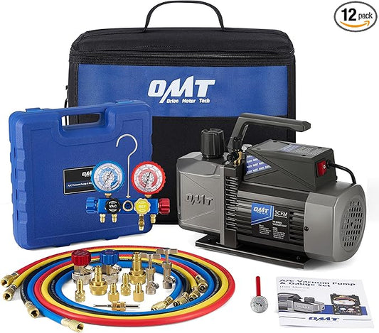 Orion Motor Tech A2L AC Vacuum Pump and Gauge Set, 5 cfm 2 Stage Sparkless Ignition Proof Vacuum Pump for R1234yf R32 R134a R410A System, with 4 Way AC Gauges Quick Couplers Thermometer Can Taps Hoses