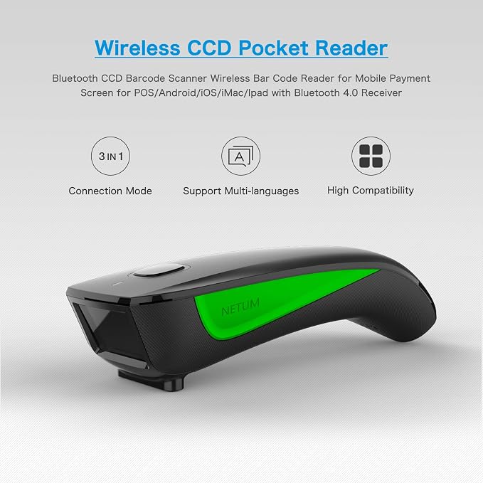 NETUM Mini Barcode Scanner Bluetooth Compatible, Small Portable USB Bar Code Scanner for Inventory, 2.4G Cordless Image Reader for Tablet iPhone iPad Android iOS PC POS (1D-C740-Green)