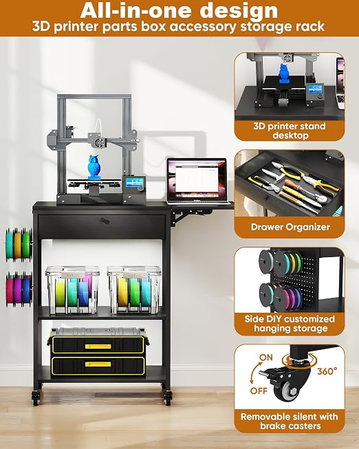 Baoz 3D Printer Stand with 40pcs Filament Storage,4 Tier 3D Printer Table Printer Stand with Wheels, Heavy Duty Filament Storage Rack with Drawers and Spool Hooks for Studio, Home Office
