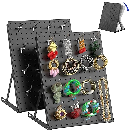 2 Pack Pegboard Display Stand, Sturdy Anti-tip Design,Small Peg Board Tabletop with 24 Hooks, Adjustable Metal Peg Board for Vendor Display, Craft Show, Jewelry Display 16''X12'' – Black
