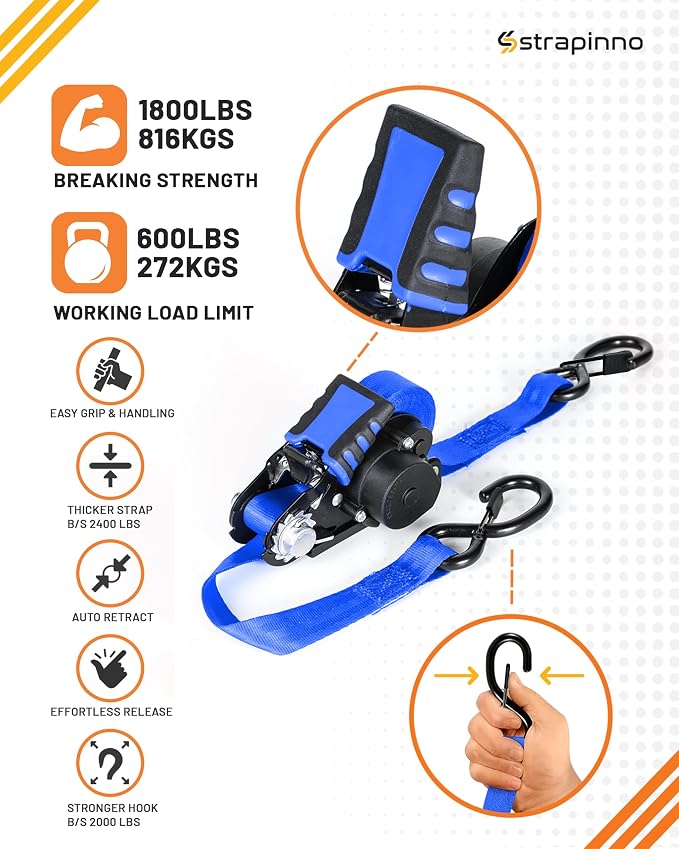 Strapinno Retractable Ratchet Straps - 1 in x 12 ft Heavy Duty Tie Downs, 1800lbs Breaking Strength Each, S Hooks with Safety Clip, AutoRetract, for Moving, Motorcycle, Boat, Kayak, and Cargo (4 PCS)