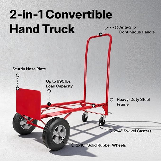 NORTHSKY 2-in-1 Convertible Hand Truck & Dolly, 990 lbs Capacity Heavy-Duty Folding Platform Truck, Steel Frame, 10" Solid Rubber Wheels, Utility Platform Cart w/Beveled Nose Plate for Easy Transport