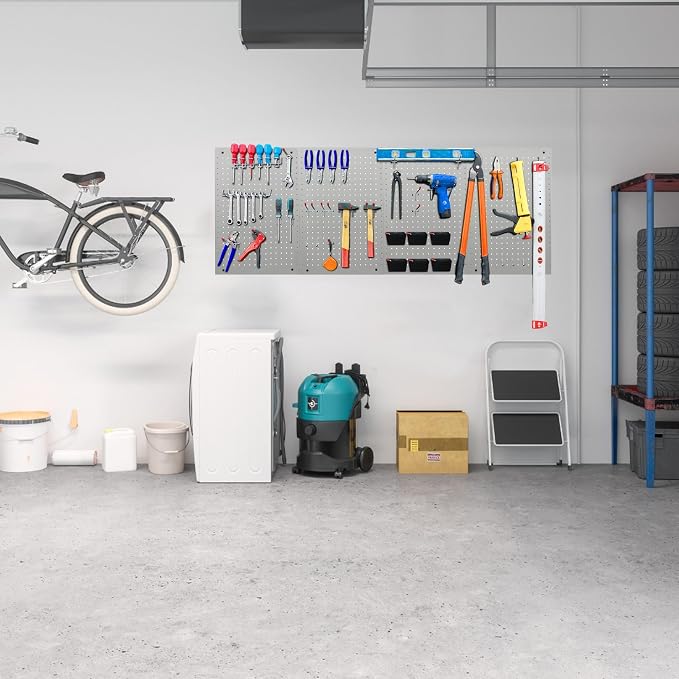 LUGO 24"x16" Metal Pegboard Wall Organizer, 128-PC Heavy-Duty Pegboard System with Hooks, Bins & Tool Holders – Space-Saving Garage, Workshop, Craft Room & Workbench Storage (Gray)