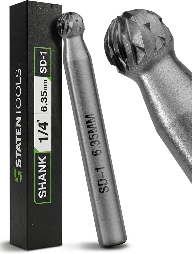 Carbide Burr SD-1 6.35mm (1/4") Shank – 1 Pc Double Cut Die Grinder Bits for Milling, Carving, Engraving, Deburring, Drilling, Hard Wood and Metals – Tungsten Carbide Drill Bit Set for Rotary Tools