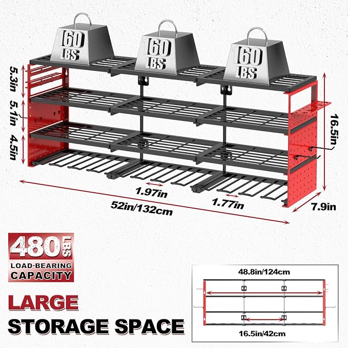 Power Tool Organizer Wall Mount, Cordless Drill Hanger Storage Rack 8 Drill Holder, 4 Layer Heavy Metal Large Capacity Tool Rack for Garage Organization (Red, 12 Drills Holder)